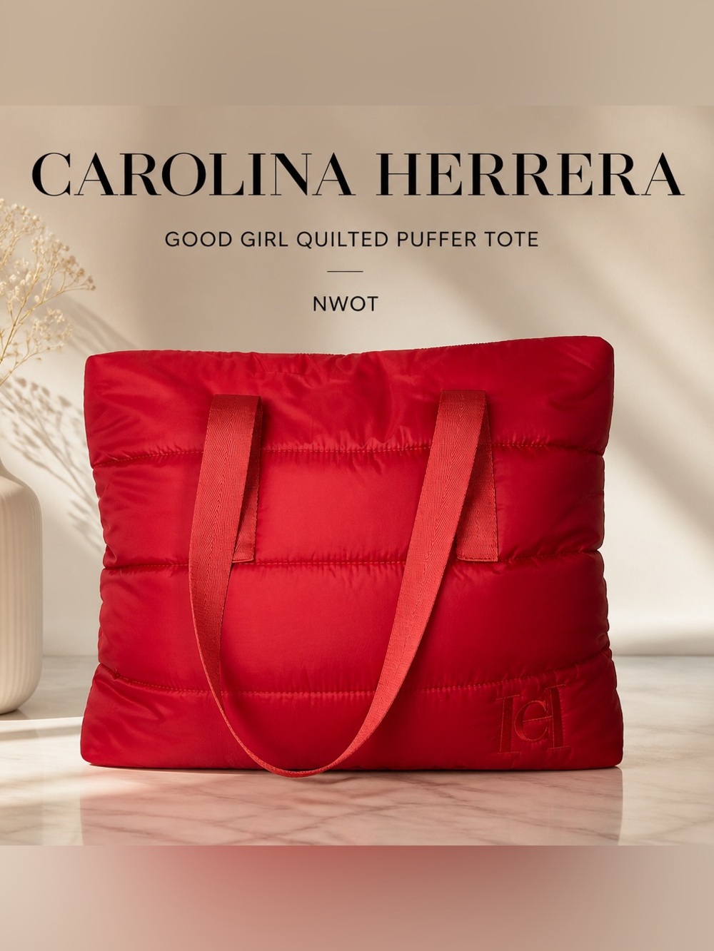 NWOT Carolina Herrera Good girl Quilted red Puffer Tote bag